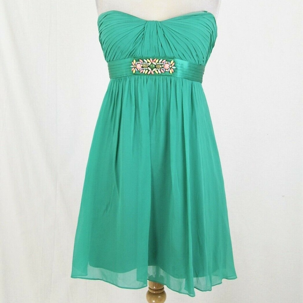 COPY - BCBGMAXAZRIA EMERALD GREEN/BLUE SILK CHIFFON WOVEN STRAPLESS MINI COCKTA…